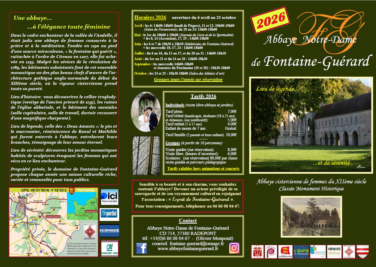 Tarifs horaires et programmation 2026 de l'Abbaye Notre Dame de Fontaine-Guérard
